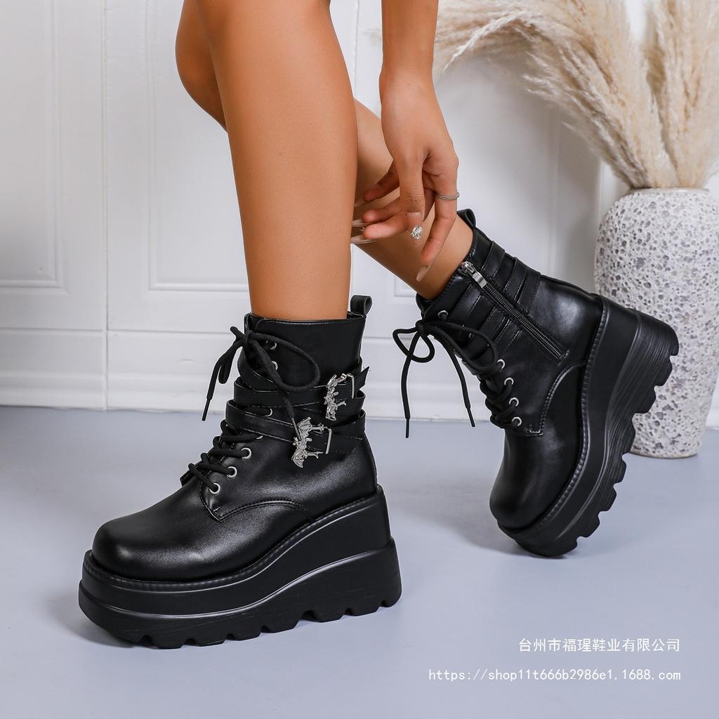 2025 autumn new British style muffin slope heel short boots women's large size thick-soled thin locomotive boots wish43