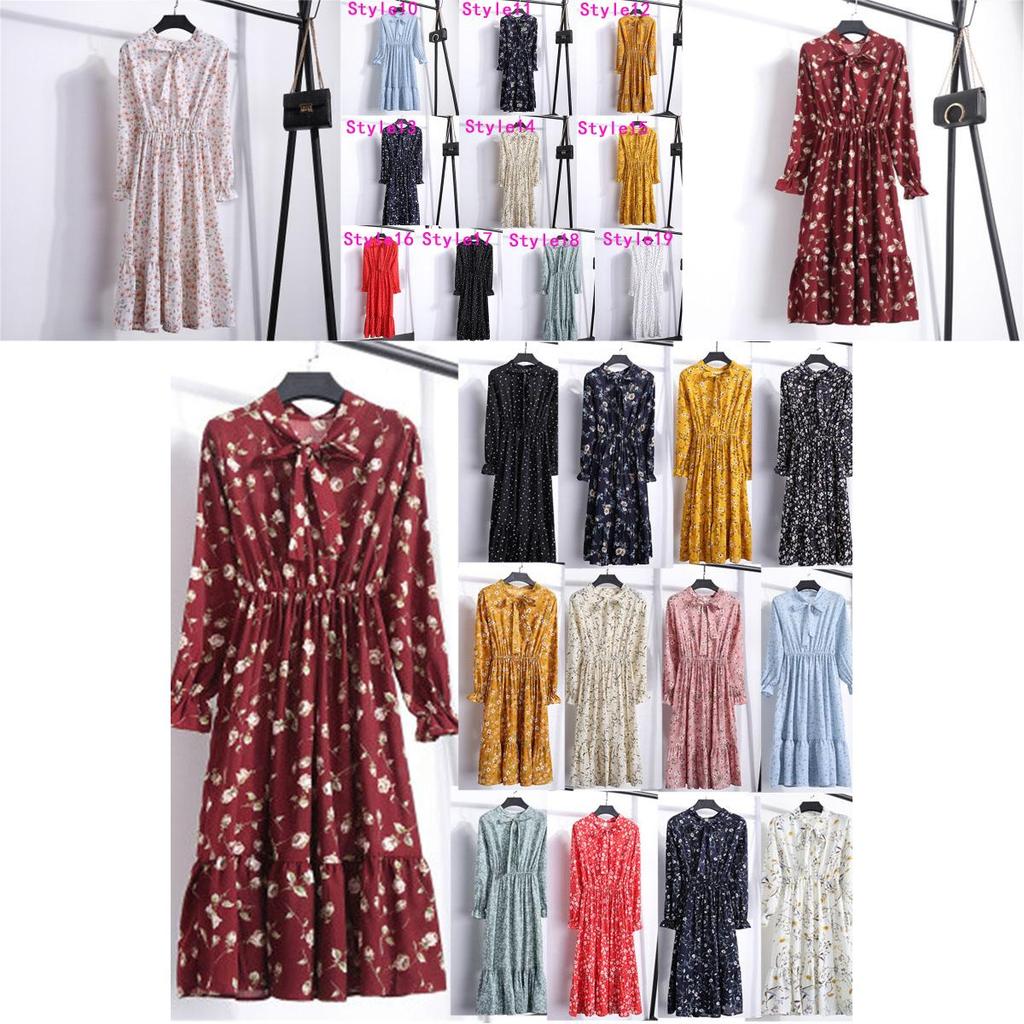 Elegant Floral Chiffon Long Sleeve Casual Vintage Boho Maxi Dress For Women