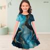 Girls Round Neck Short Sleeve Black Blue Floral Tree Printed A Line Flared Dress