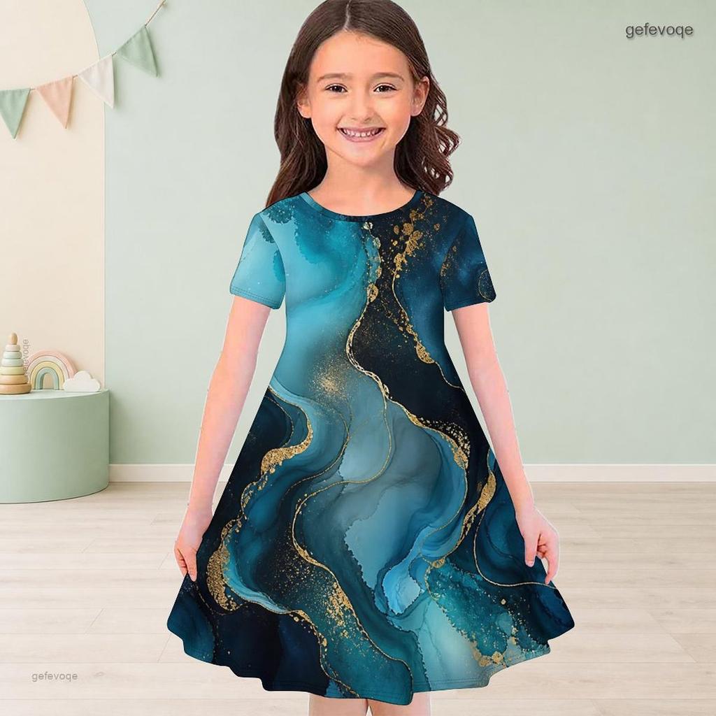 Girls Round Neck Short Sleeve Black Blue Floral Tree Printed A Line Flared Dress