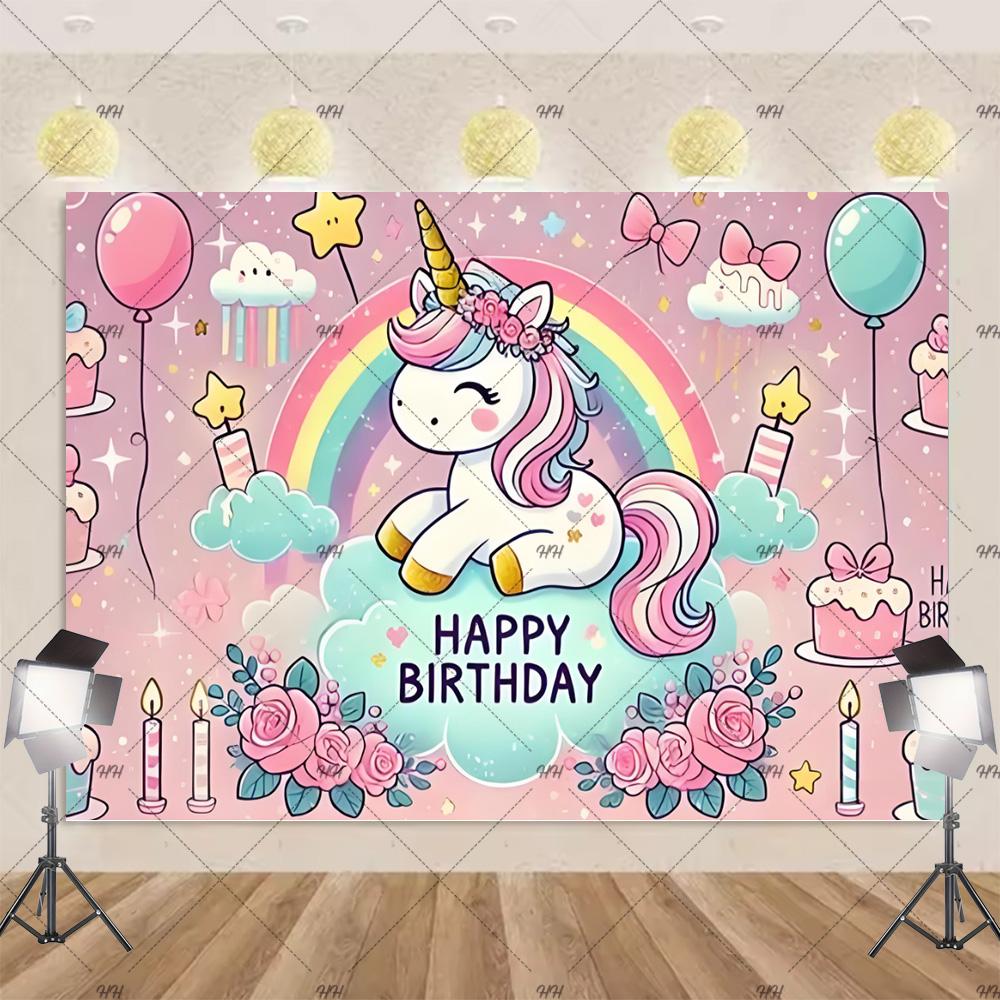 Cartoon Rainbow Unicorn Theme Princess Birthday Party Decoration Background Baby Shower Backdrop Photozone Studio Prophoot Props