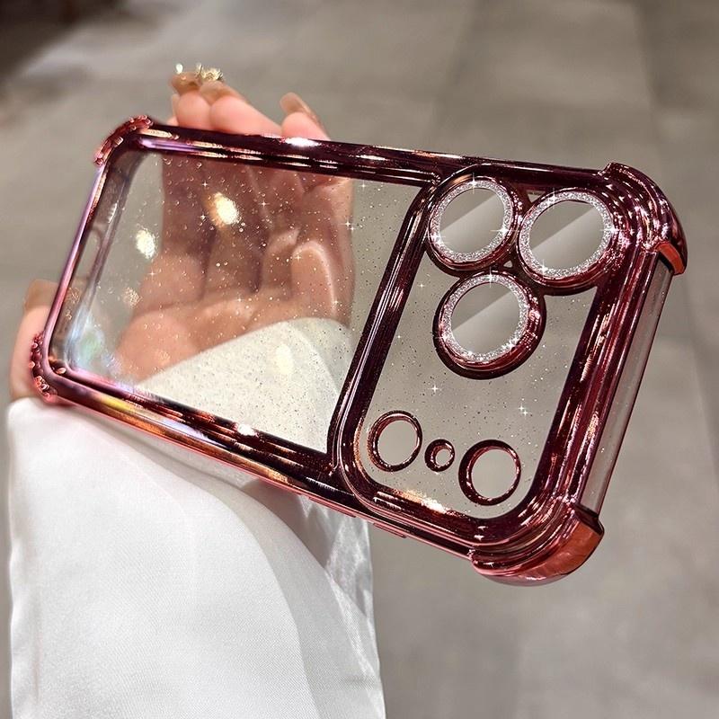 Plating Glitter Transparent Air Cushion Case For iPhone 11 12 13 14 15 16 17 Pro Max 17Air Lens Protection Soft Bumper Cover