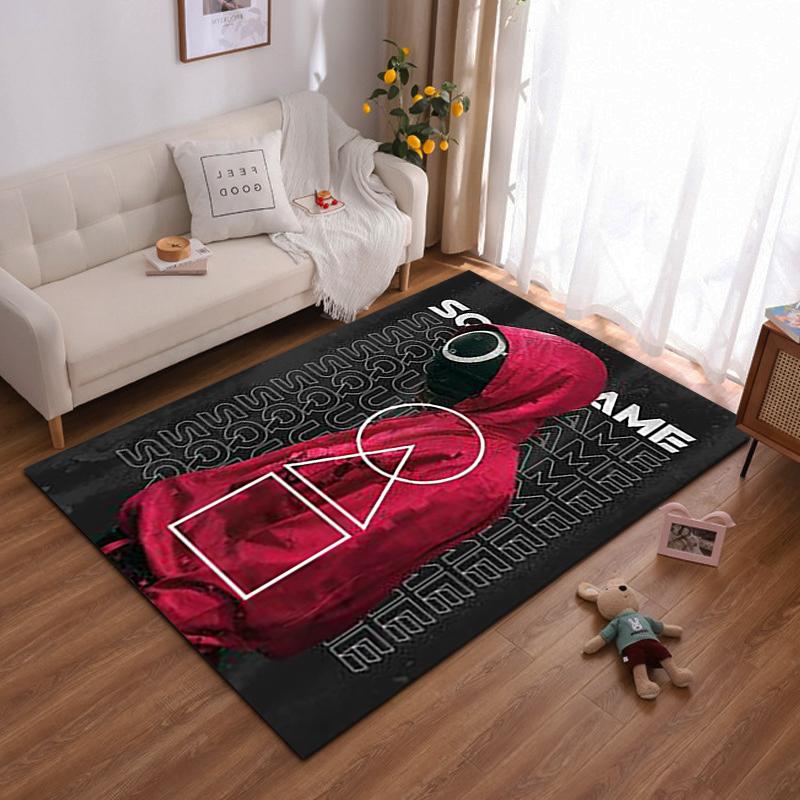 Red Hooded Character Carpet with Geometric Symbols and Dark Style  Suitable for use as an anti-slip for living room bedroom sofas 40x60cm( 15x23in )