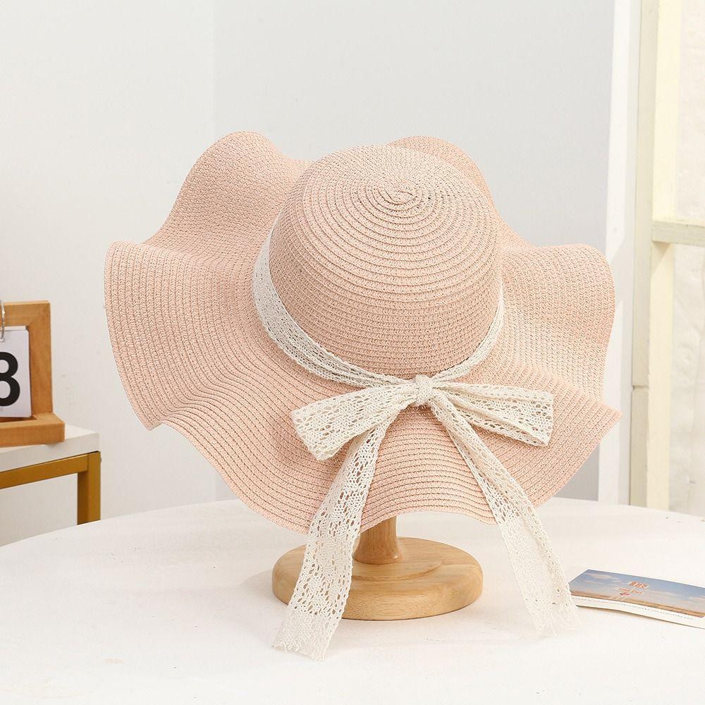 

New UV Protection Women Sun Hat Wide Brim Bow Ribbons Summer Beach Hat Breathable Foldable Travel Straw Cap рожевий
