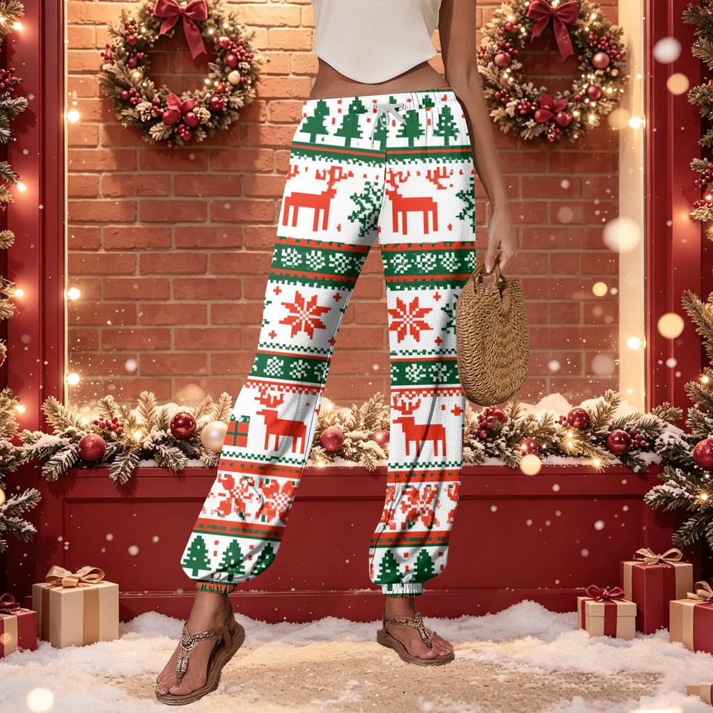 Women's Casual Christmas Print Sweatpants with Elastic Waist and Tapered Cuff Joggers