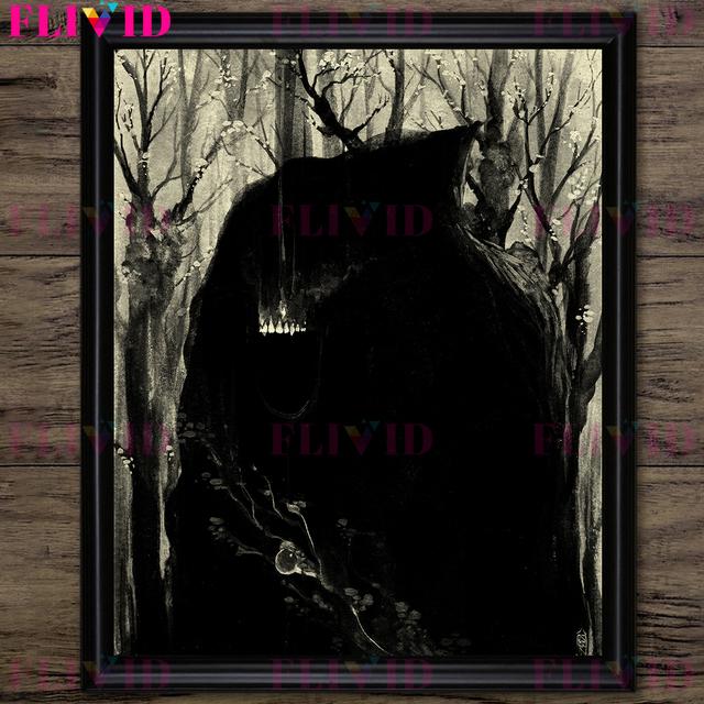 Strašlivý démonický stín, retro nástěnná malba na plátně, duchové v džungli, černo-bílé umělecké plakáty a tištěné dekorace pro dům