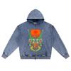 DTG Print Knitted Denim Zip-Up Hoodie Cell Samurai Brother Print Zipper Hoodies  