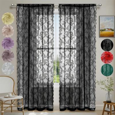 1 pieza Cortina Romántica de Encaje Transparente Encaje de Flores Cortinas de Ventana para Sala de Estar Dormitorio Pantalla de Ventana para el Hogar Bolsillo para Barra