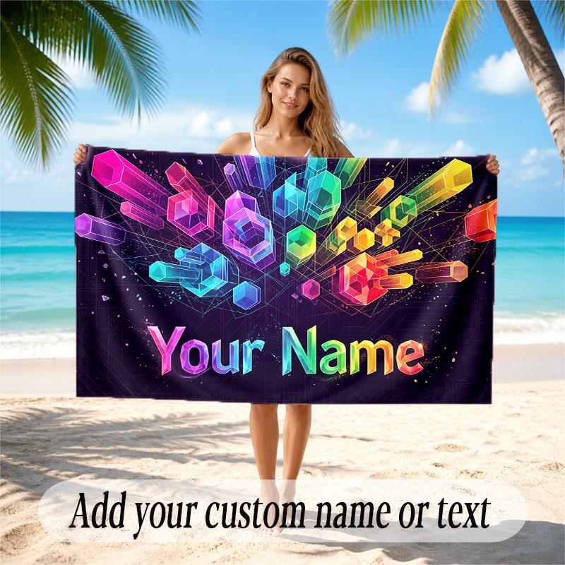 Abstract Geometric Theme Soft Beach Towel Personalized Custom Name Text Towel Portable for Beach Pool Travel