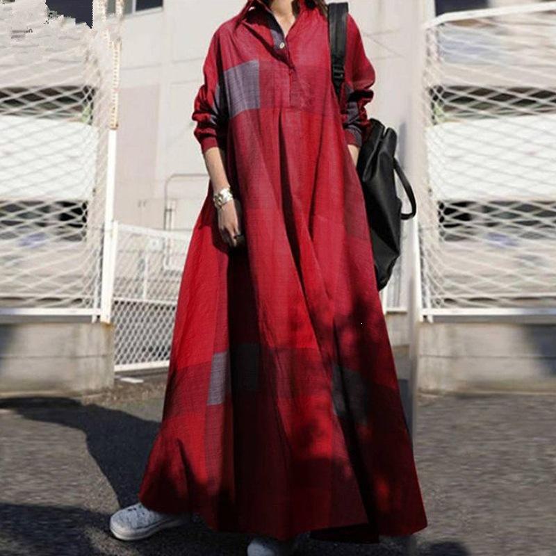 Spring Retro Ethnic Print Cotton Linen Maxi Dress - Long Sleeve, Loose Fit