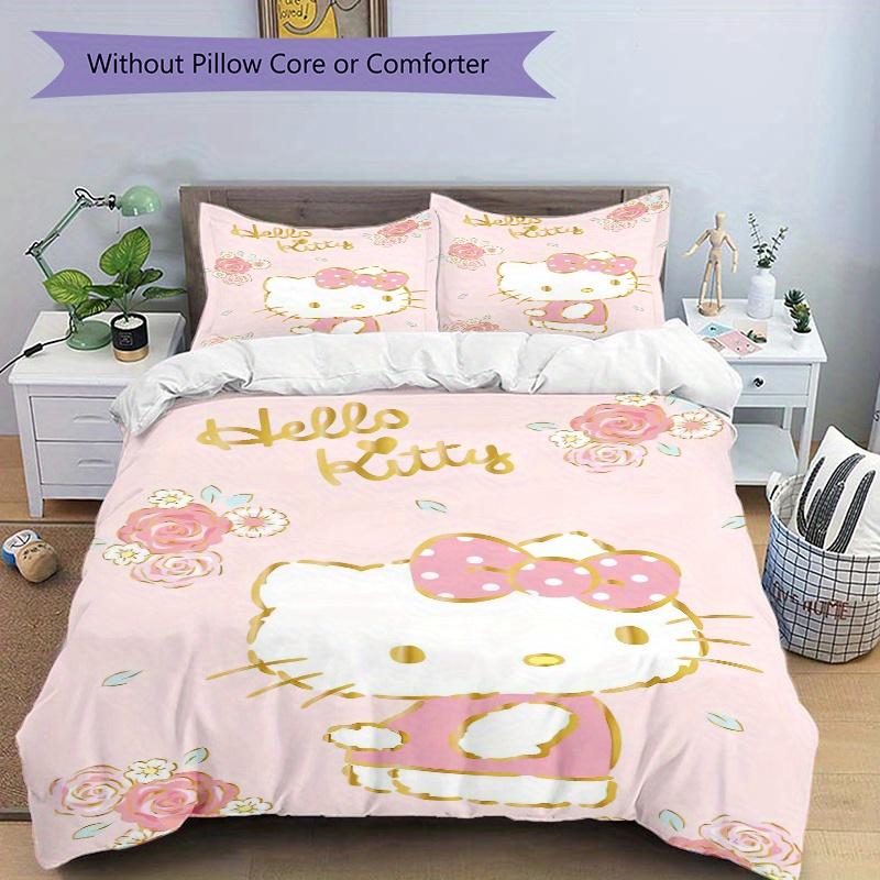 3pcs Sweet and Cute Hello Kitty Three-Piece Patterned Quilt Cover Set - Soft and Cozy Bedroom, Guest Room and Dorm Decorative Bedding 3-Piece Set
