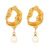 French Retro Light Luxury Plated 18K Gold Hollow Lava Irregular Earrings Women's Freshwater Pearl Pendant Exaggerated Earrings