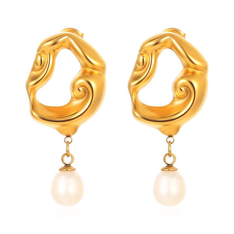 French Retro Light Luxury Plated 18K Gold Hollow Lava Irregular Earrings Women's Freshwater Pearl Pendant Exaggerated Earrings