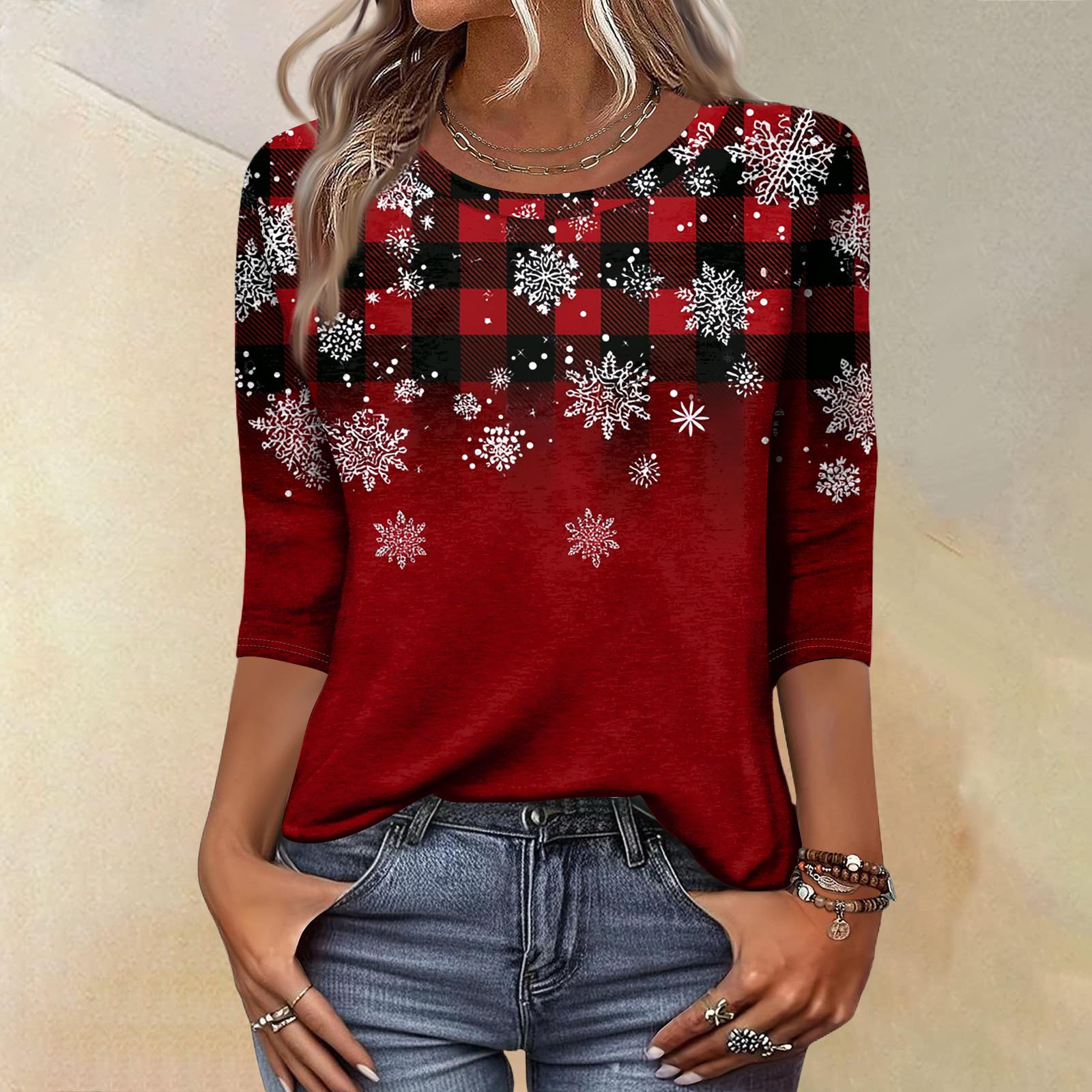 

Жіноча мода Повсякденна футболка з принтом ялинки, круглим вирізом та рукавом три чверті M червоний