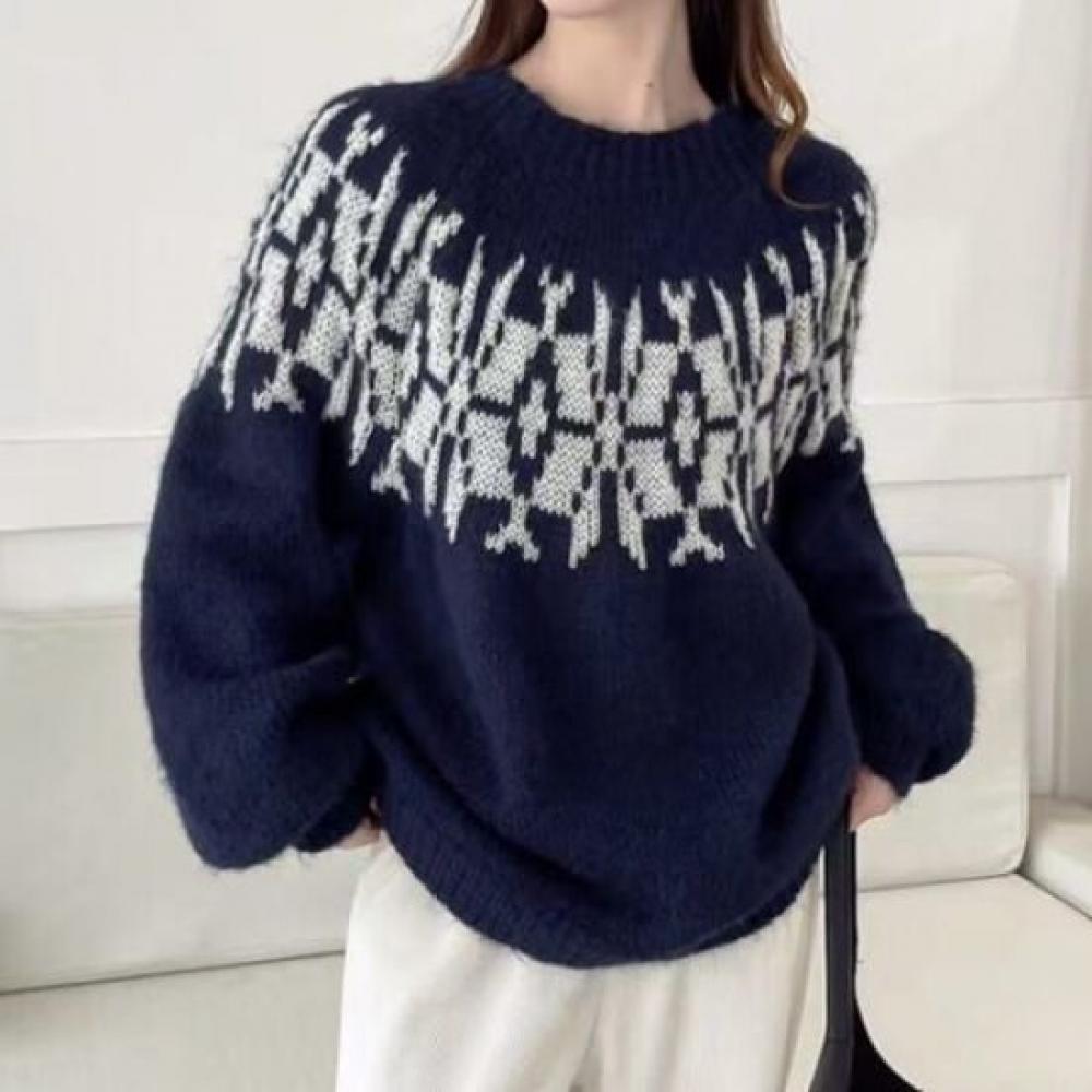 Navava Nk2622 Retro Pattern Round Neck Long Sleeve Knit Sweater