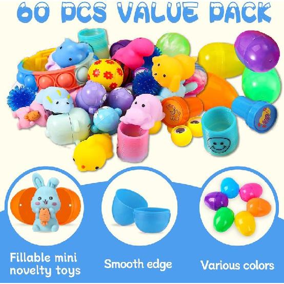 60-Piece Prefilled Easter Eggs with with Toys - Ready-to-Use Easter Egg Hunt Kit for Kids, Boys & Girls - Non-Candy Party Favors