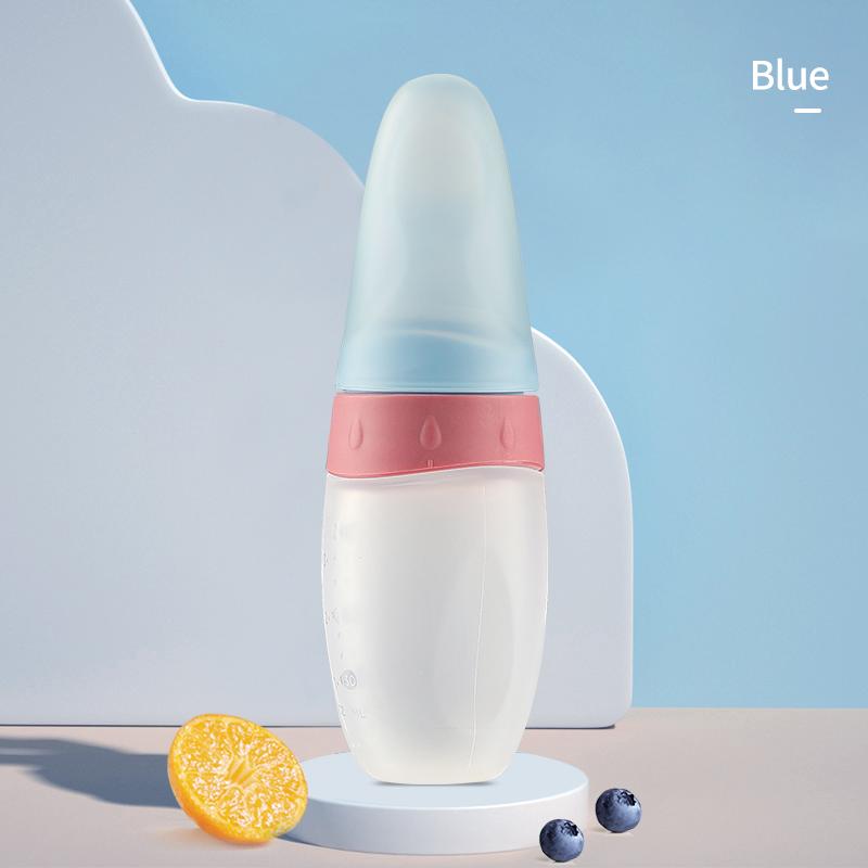 

100ml Liquid Silicone Baby Feeder Rice Paste Fruit Puree Toddler Squeeze Feeding Bottle with Dispensing Spoon синій