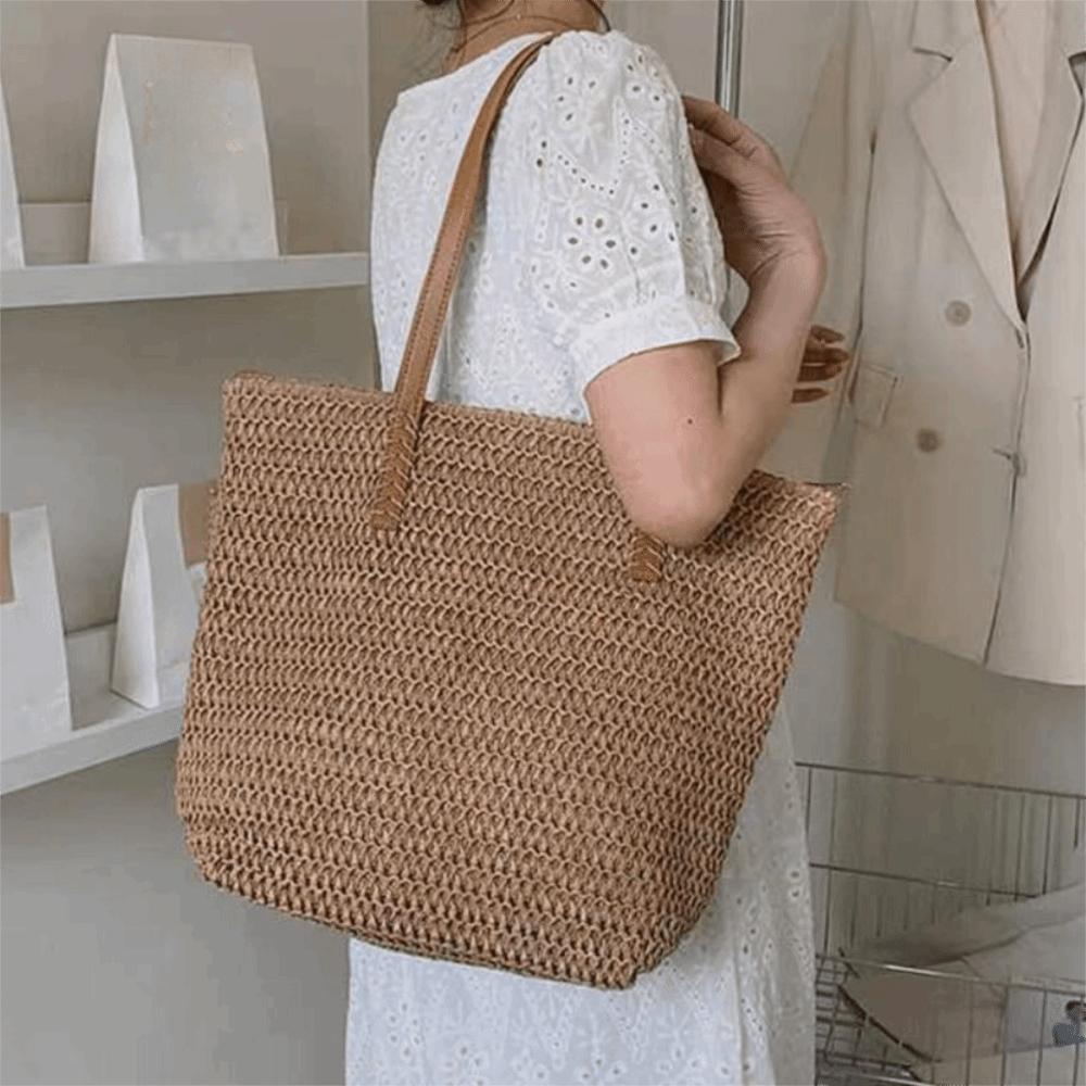 Fashion Solid Color Weave Straw Tote Bag Square Zipper Beach Handbag Bohemian Style Weaving Raffia Shoulder Bag Shopping