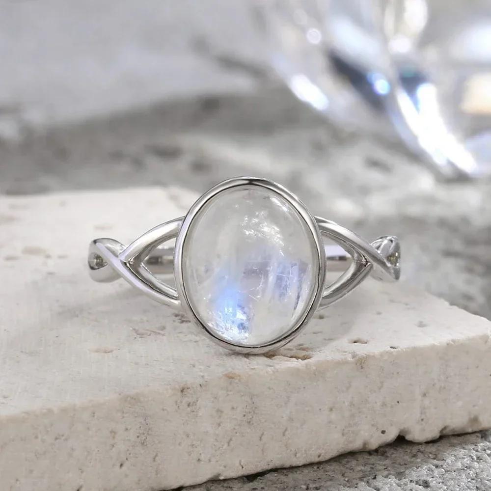 925 Silve Ring with Natural Moonstone Oval 8*10MM Simple Minimalist Twist Ring Party Gifts Fine Jewelry for Women