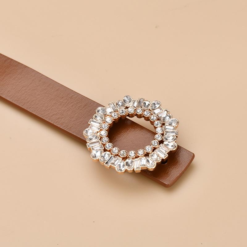 Ladies Belt With Crystal Diamond Square Buckle Decorative Belt Women'S Leather Smooth Buckle Belt