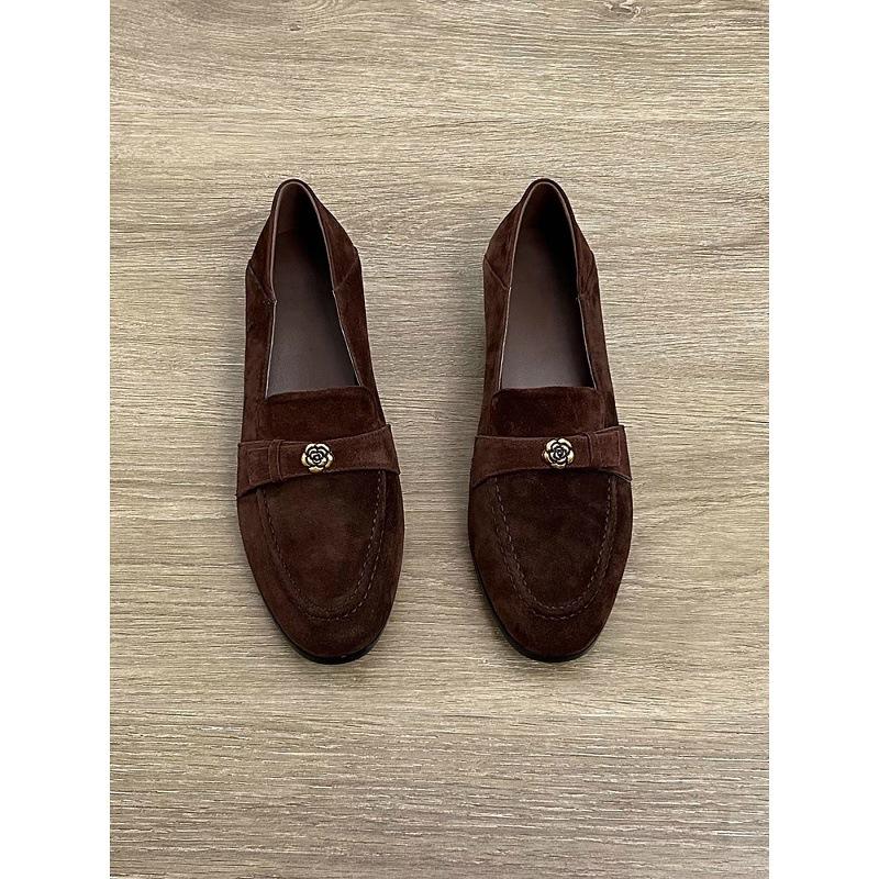 Sheepskin Version~ French Small Leather Shoes Genuine Leather Camellia Loafers Women's Round Head One Pedal Matte Medium Thick Heel Single Shoes