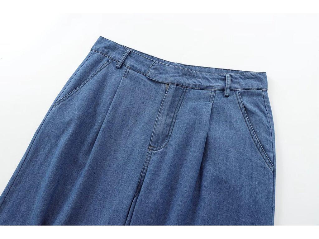 Women's Early Autumn Denim Set: Turn-Down Collar Tie-Waist Shirt & Draping Wide-Leg Pants