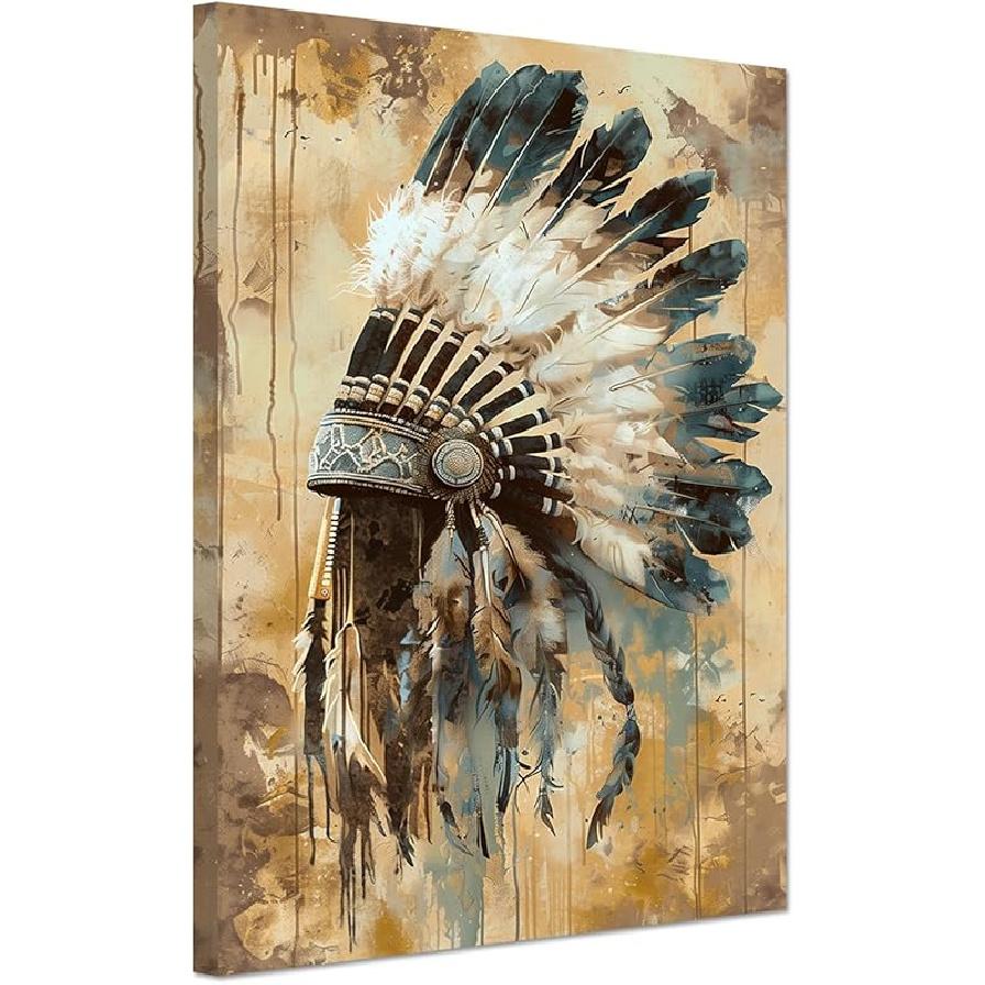 

SWQYLB Холст Настенное Искусство Коренные Американцы Индейский Вождь Головной Убор из Перьев Принты Картины Винтажная Племенная Тема Живопись Юго-Западное Искусство Индейская Стена 18L x 12W жёлтый