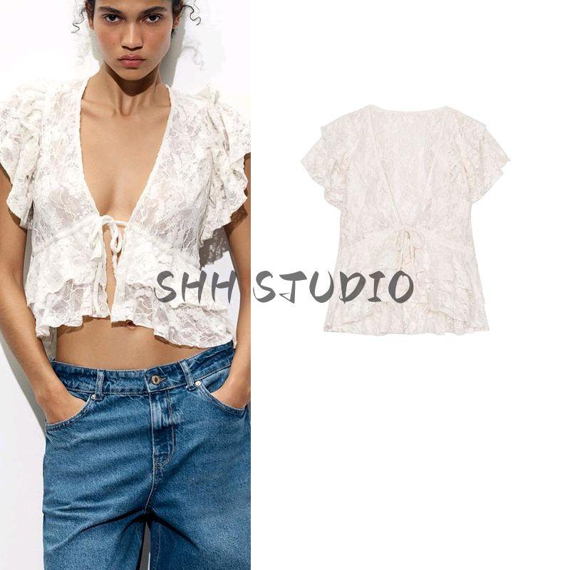 Spring and Summer New Women's Clothing Sweet Style Laminated Decoration Bowknot Decoration Lace V-neck Short Sleeve Jacket 2298187