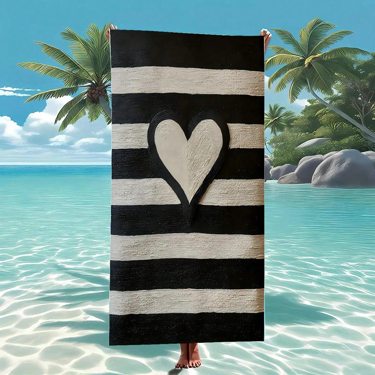 

Extra Large Black White Stripe Heart Beach Towel, Polyester, Soft, Absorbent, Quick Dry, Lightweight, Beach Pool Travel Unisex W30*H60(CM)
