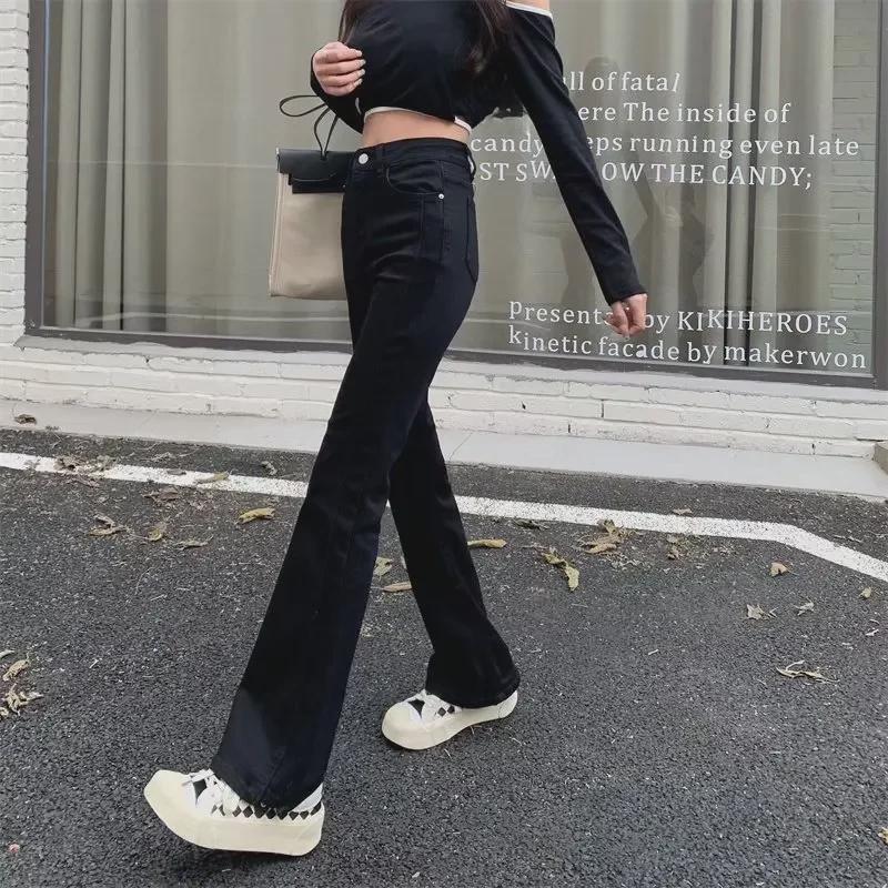 Blugi Slim cu Talie Înaltă Stil Coreean - Pantaloni Elastici Drepți Evazați pentru Femei, Mărime Mică, Ușor Evazați, Stil Moping