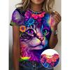 Crew Neck Short Sleeve Neon Style Cat Floral Print T Shirt Women's Outfits Casual Streetwear Lady Loose Clothing Cute Tops