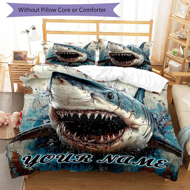 3PC Custom Name "Great White Shark Artwork" Bedding Set Duvet Cover Closure Includes 1 Duvet Cover & 2 Pillowcases for Bedroom
