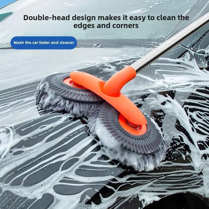 Auto Waschmopp Auto Waschen Doppelbürstenkopf Auto Waschmopp Teleskopisch Rotierende Mopps Einziehbar Doppelschicht Auto Waschbürste