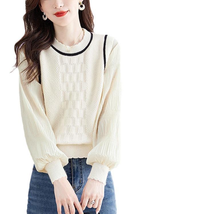 French Retro College Style Long-Sleeve Round Neck Spliced Two-Piece Shirt for Women