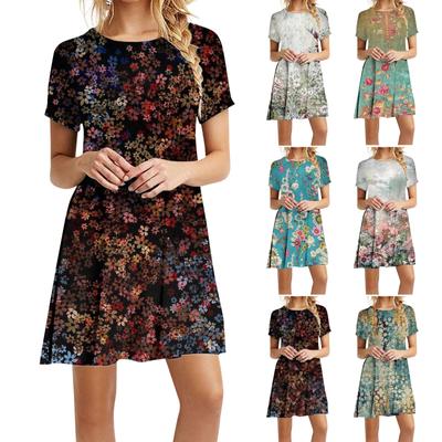 Modisches, lässiges, vielseitiges, bedrucktes Retro-Sommerkleid mit Rundhalsausschnitt und kurzen Ärmeln für Damen