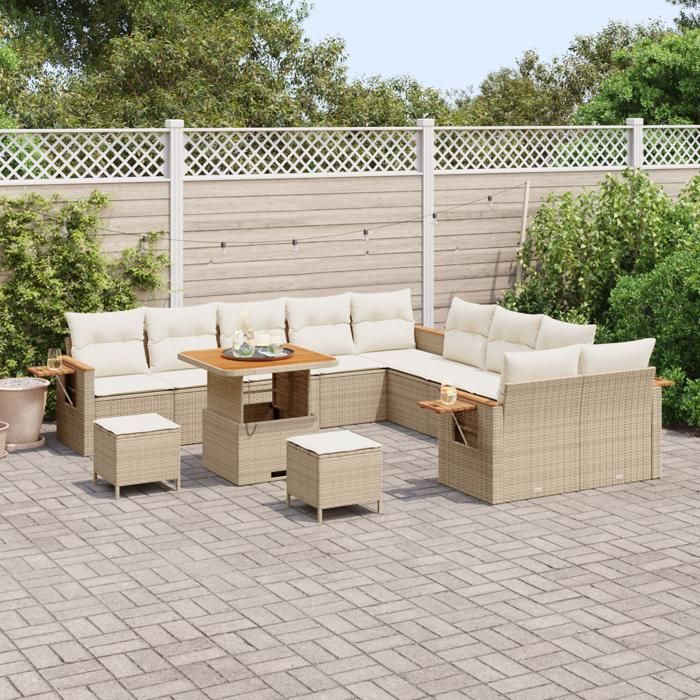 Ensemble de canapé de jardin 13 pièces avec coussins beige poly rattan acacia, Ensemble de salle à manger de jardin 3 pièces 3365181