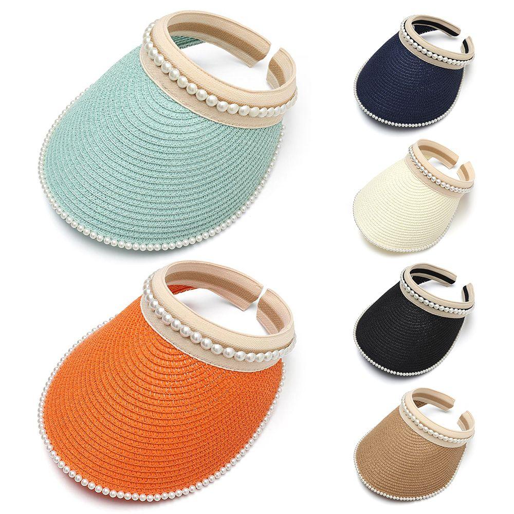 

Pearls UV Protection Wide Brim Women Sun Hat Sun Visor Hat Straw Cap Empty Top Suncap