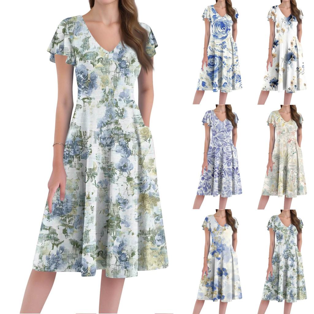 A Casual And Fashionable V-Neck Short-Sleeved Medium-Length Dress With Floral Prints For Women