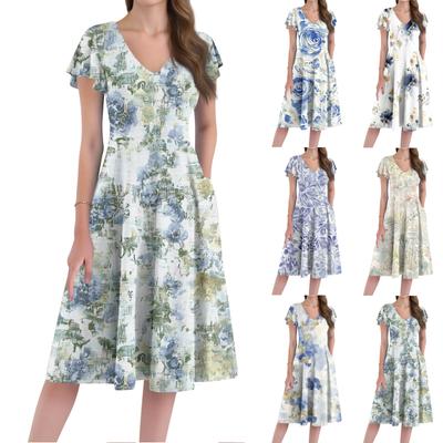 A Casual And Fashionable V-Neck Short-Sleeved Medium-Length Dress With Floral Prints For Women