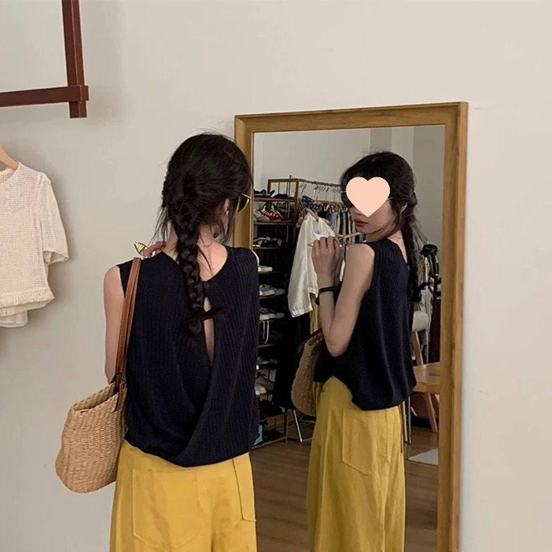 Women's French Sleeveless Knit Camisole - Open-Back Linen Tank Top for Summer