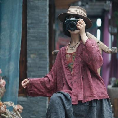 Autumn Woman Vintage Style Linen Loose V-Neck Shirt Fashion Three Quarter Print Retro Shirt