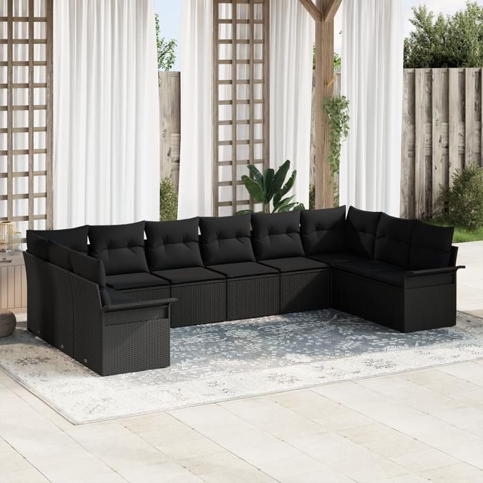 Set de 10 pièces de Canapé de Jardin avec Coussins Noir Poly Rattan, Canapé de Jardin 2 places avec Rangement et Coussins 3354212