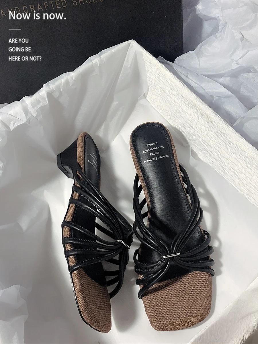 

Sheepskin version~ French square head thick heel temperament one pedal open-toe fashion summer new strappy sandals 35