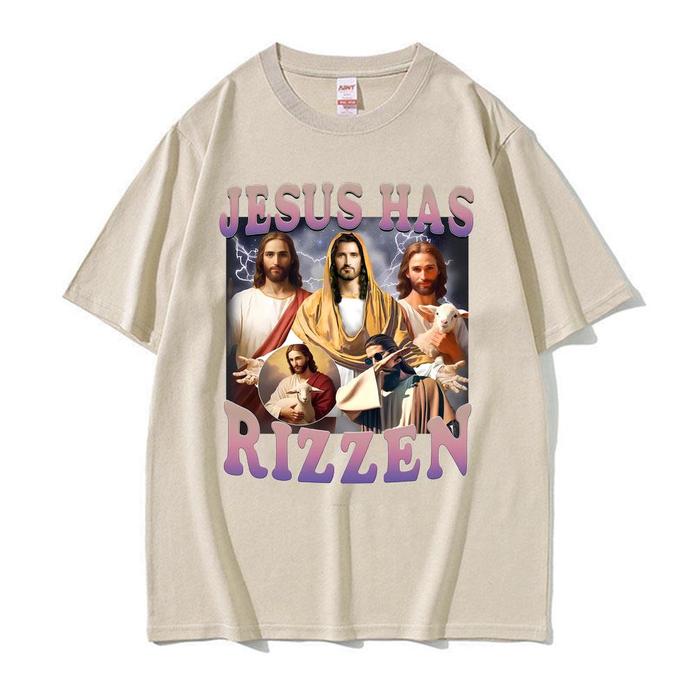Jesus Has Rizzen Funny T Shirt Men Women Clothing Vintage Trending Oversized Tee Shirt High Quality Cotton Short Sleeve Tshirts