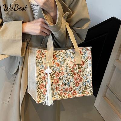 Floral Linen Shoulder Tote Bag