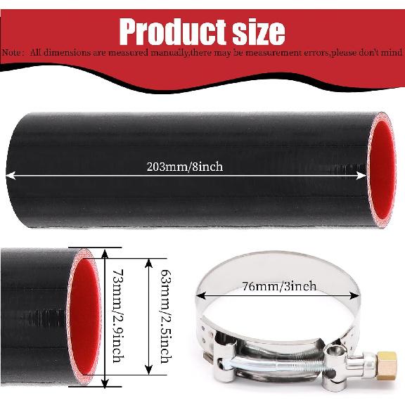 2.5" ID Straight Silicone Hose Coupler, High Temp 4-Ply Reinforced With 2Pcs Stainless Steel T-Bolt Clamp