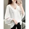 Women's Summer Korean Style Shirts White Hollow Out Blouses Loose Large Size Chiffon Bell Sleeves Tops