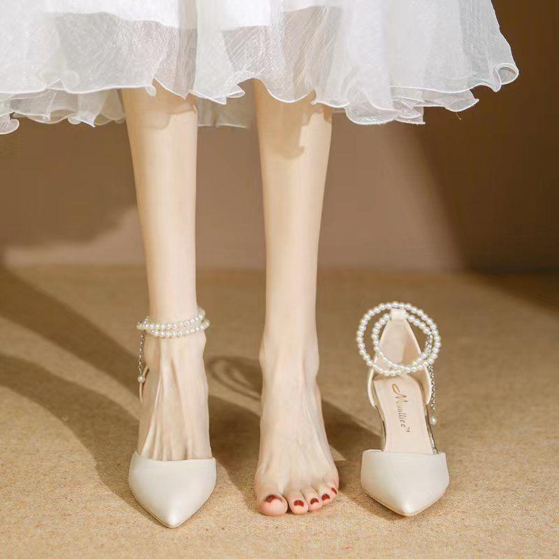 Sandals Women's Outer Wear 2025 Spring Summer French Thick Heel Design Sense Pearl Women's Single Shoes Medium Heel Pointed High Heels