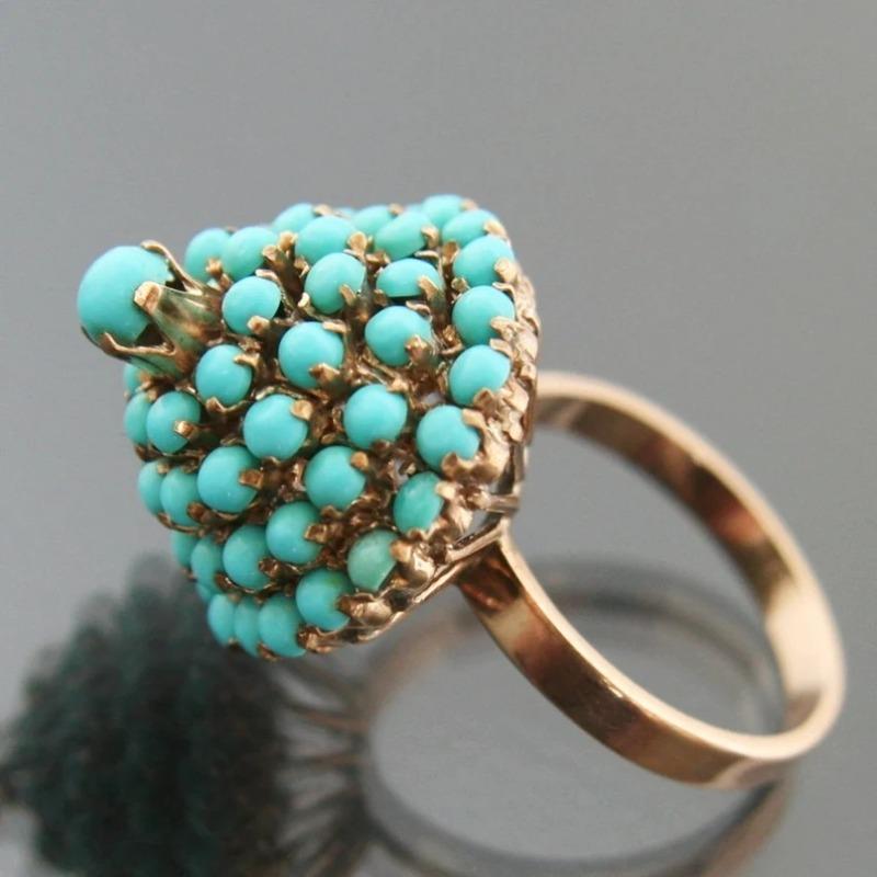 Vintage Inlaid Imitation Turquoise Women's Ring Ethnic Gold Color Geometry Daily Wear Party Jewelry Anniversary Gift