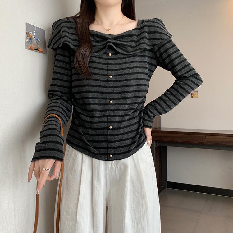 Plus Size Women s Sweet Striped Square Neck Long Sleeve Top 2XL